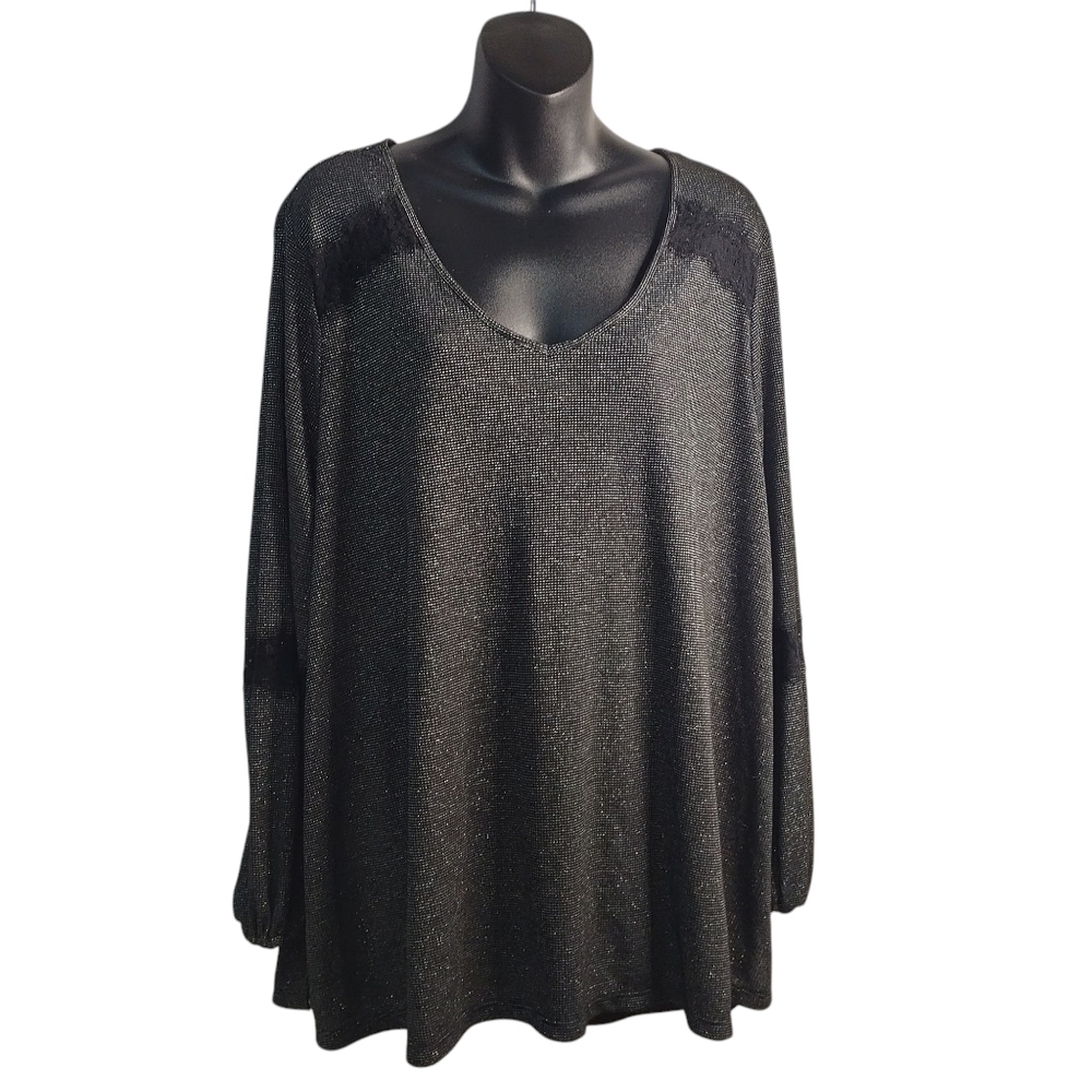COMO Vintage Blouse Women's Black Silver Metallic V-Neck Lace Trimmed Sz 3X